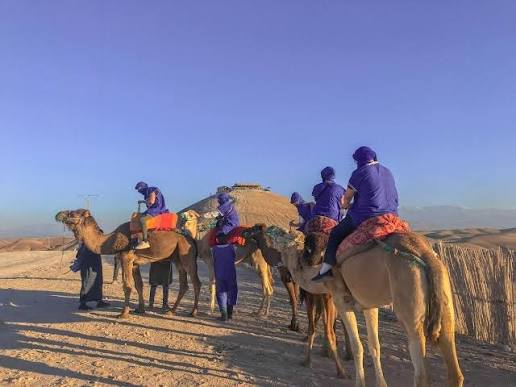 Caravana de camellos al atardecer en el desierto Agafay
