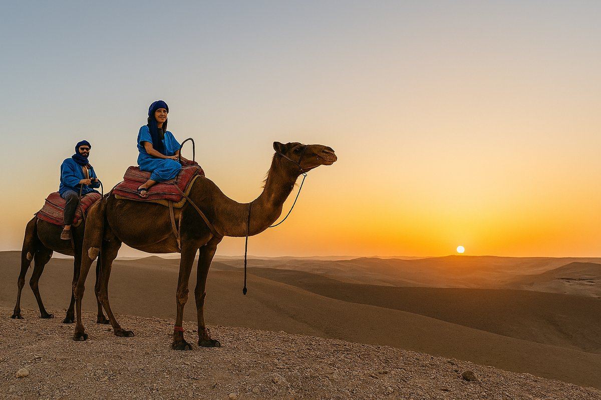 Pareja en camello al atardecer en el desierto de Agafay