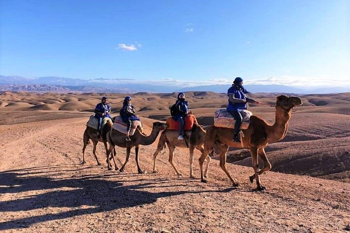 Grupo de camellos cruzando las dunas del desierto de Agafay