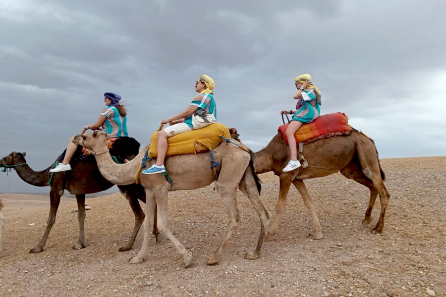 Familia en fila sobre camellos en el desierto de Agafay