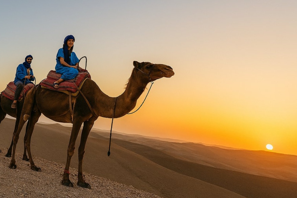 Guests riding a camel as the sun rises over the Agafay Desert